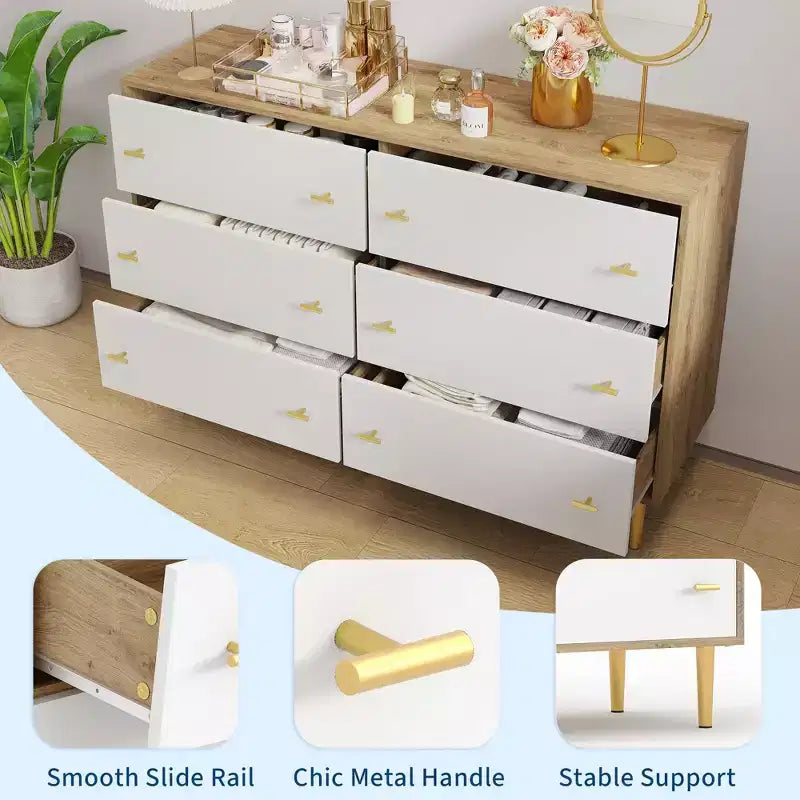 Cassettiera a 6 cassetti, Cassettiera larga 120 cm, Cassettiera rustica in legno con cassetti grandi e maniglie a barra, Organizzatore di cassetti per il soggiorno