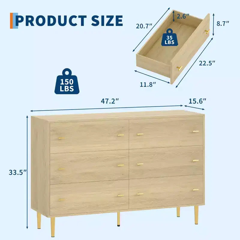 Cassettiera a 6 cassetti, Cassettiera larga 120 cm, Cassettiera rustica in legno con cassetti grandi e maniglie a barra, Organizzatore di cassetti per il soggiorno