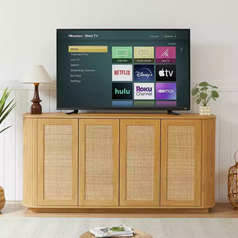 Mobile TV ondulato JVNOXK da 64 pollici con armadietti ad angolo arrotondato, corpo in legno a strisce verticali, per cucina/camera da letto, finitura naturale
