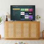 Mobile TV ondulato JVNOXK da 64 pollici con armadietti ad angolo arrotondato, corpo in legno a strisce verticali, per cucina/camera da letto, finitura naturale