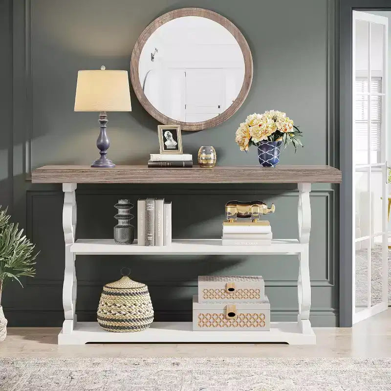 Lantine 55-Inch Farmhouse Console Table, Long Sofa Table with 3-Tier Storage Shelves for Hallway, Entrance, Living Room, Foyer, Grey & White