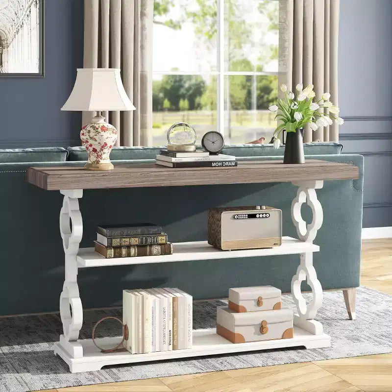 Tavolo consolle Lantine da 55 pollici in stile rustico, tavolino lungo da divano con 3 ripiani per ingresso, soggiorno, atrio, grigio e bianco