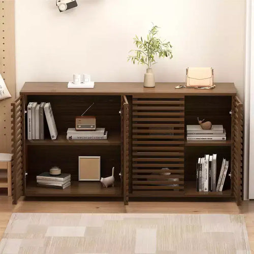 Credenza a 4 ante, mobile contenitore da 60 pollici con ante a griglia a strisce e ripiano regolabile, credenza moderna autoportante