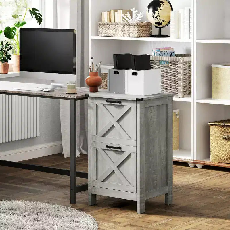 HOMCOM Mobiletto Classificatore Verticale a 2 Cassetti con Guide Silenziose, Armadietto Rustico con Ante a Scorrimento per Documenti A4/Letter, Porta Stampante