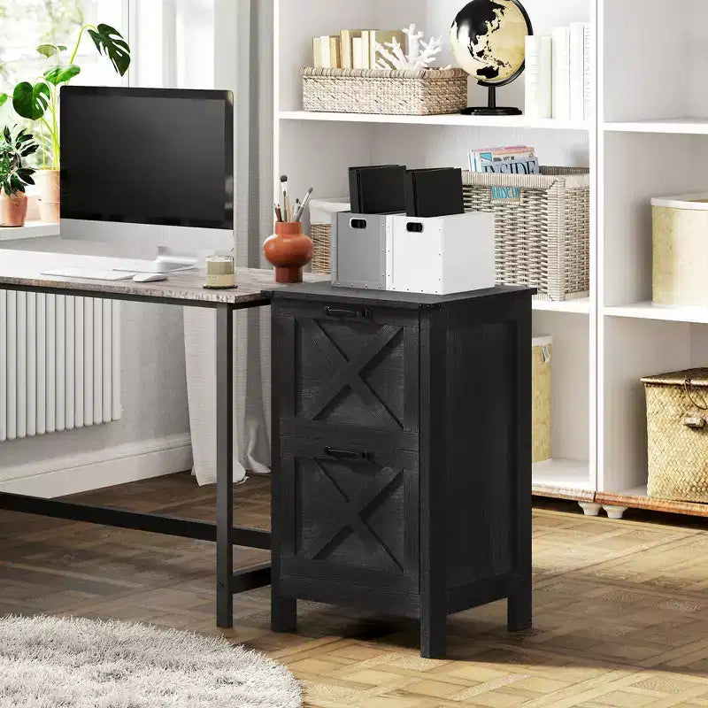 HOMCOM Mobiletto Classificatore Verticale a 2 Cassetti con Guide Silenziose, Armadietto Rustico con Ante a Scorrimento per Documenti A4/Letter, Porta Stampante