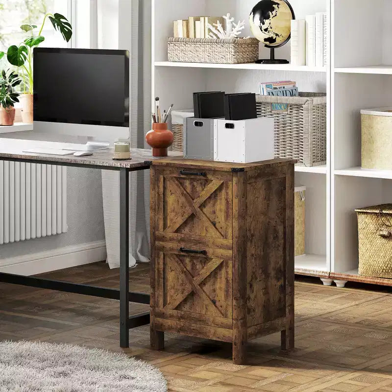 HOMCOM Mobiletto Classificatore Verticale a 2 Cassetti con Guide Silenziose, Armadietto Rustico con Ante a Scorrimento per Documenti A4/Letter, Porta Stampante