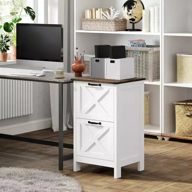 HOMCOM Mobiletto Classificatore Verticale a 2 Cassetti con Guide Silenziose, Armadietto Rustico con Ante a Scorrimento per Documenti A4/Letter, Porta Stampante