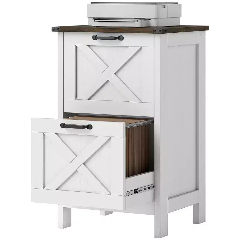 HOMCOM Mobiletto Classificatore Verticale a 2 Cassetti con Guide Silenziose, Armadietto Rustico con Ante a Scorrimento per Documenti A4/Letter, Porta Stampante