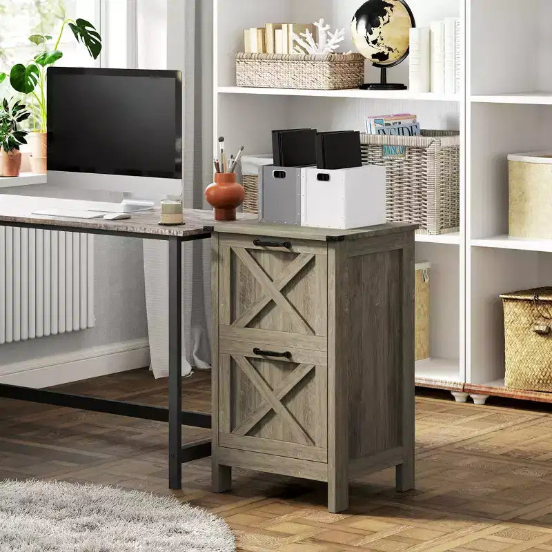 HOMCOM Mobiletto Classificatore Verticale a 2 Cassetti con Guide Silenziose, Armadietto Rustico con Ante a Scorrimento per Documenti A4/Letter, Porta Stampante