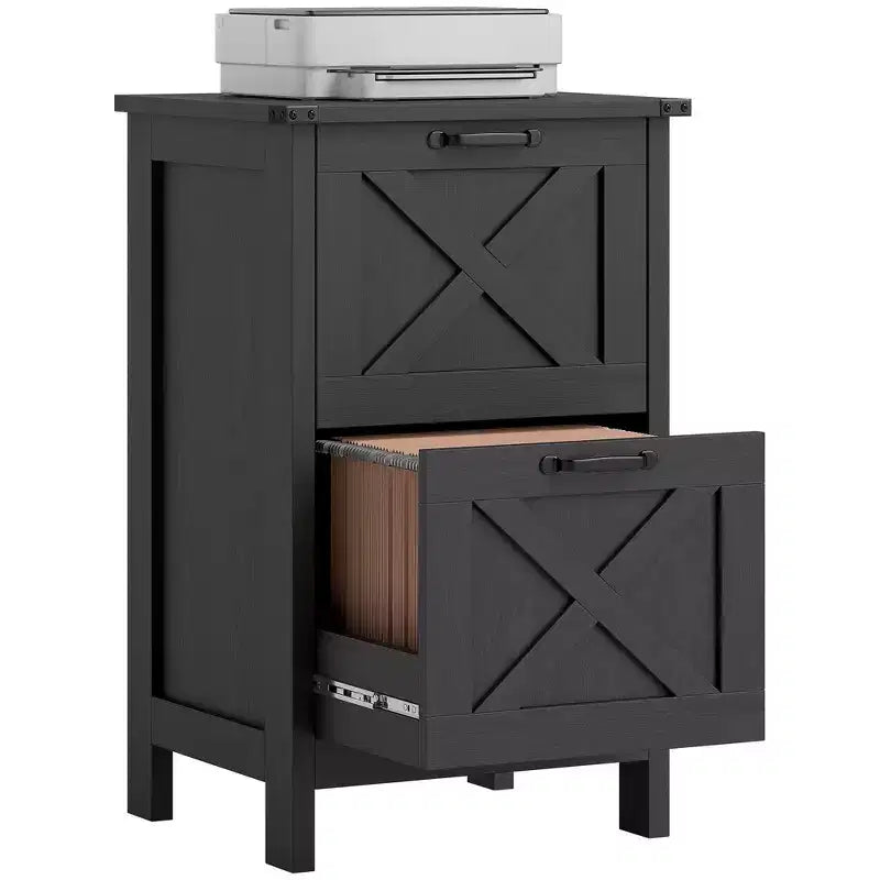 HOMCOM 2 Drawer Vertical File Cabinet with Silent Slides, Farmhouse Filing Cabinet with Barn Doors for A4/Letter Size, Printer Stand