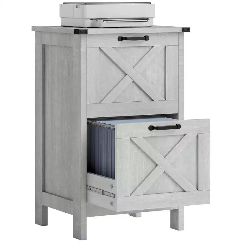 HOMCOM Mobiletto Classificatore Verticale a 2 Cassetti con Guide Silenziose, Armadietto Rustico con Ante a Scorrimento per Documenti A4/Letter, Porta Stampante