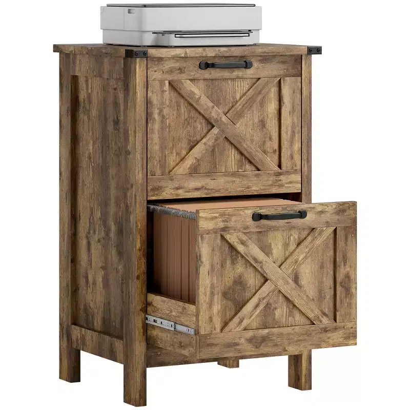 HOMCOM Mobiletto Classificatore Verticale a 2 Cassetti con Guide Silenziose, Armadietto Rustico con Ante a Scorrimento per Documenti A4/Letter, Porta Stampante