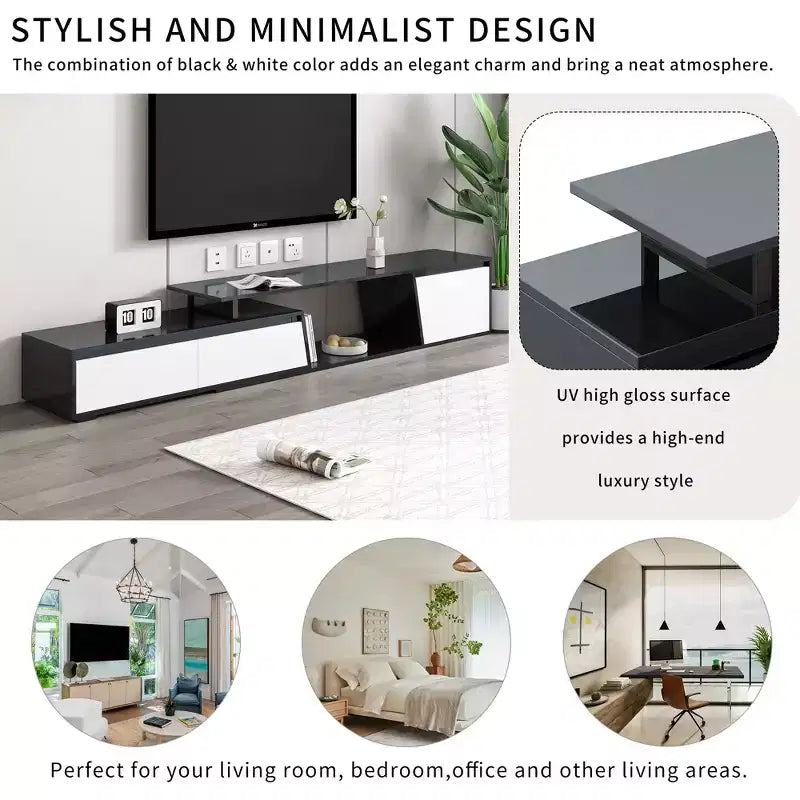 CLIHOME Mobile TV Moderno Minimalista Rettangolare Allungabile, Mobile TV con Cassetti e Ante, Fino a 100