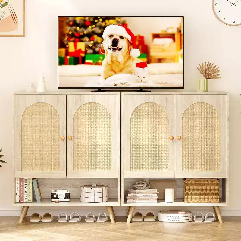 COZONY 2PCS Rattan Shoe Cabinet, 4-Tier Storage w/ Doors & Adjustable Shelves for Entryway