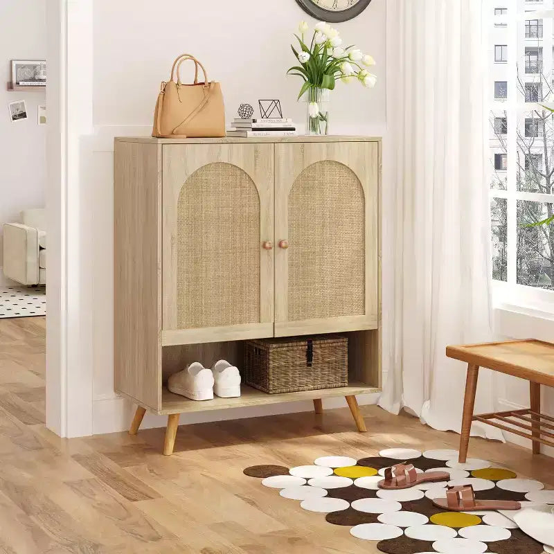 COZONY 2 Mobili Portascarpe in Rattan, Contenitore a 4 Livelli con Ante e Ripiani Regolabili per Ingresso
