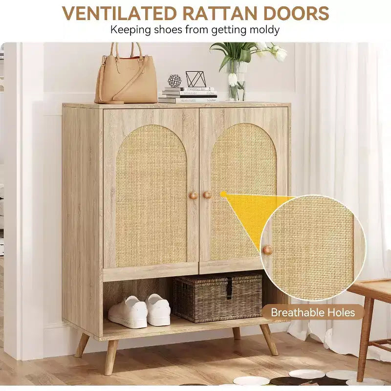 COZONY 2 Mobili Portascarpe in Rattan, Contenitore a 4 Livelli con Ante e Ripiani Regolabili per Ingresso