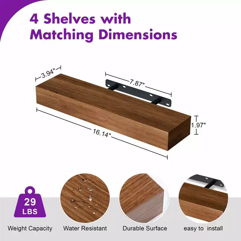Set di 4 mensole da parete flottanti in legno per bagno, cucina, soggiorno (set da 4)