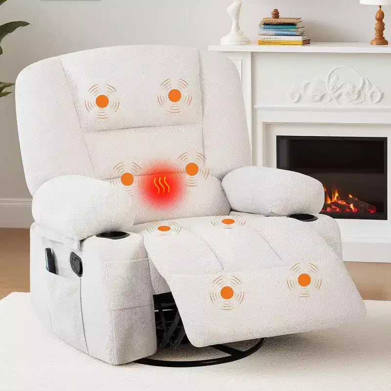 Poltrona reclinabile a dondolo girevole a 360°, con funzione calore e massaggio, girevole multi-funzione con tasche laterali e portabicchieri, per soggiorno, camera da letto, casa