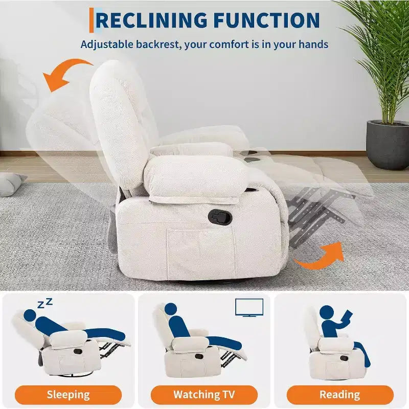 Poltrona reclinabile a dondolo girevole a 360°, con funzione calore e massaggio, girevole multi-funzione con tasche laterali e portabicchieri, per soggiorno, camera da letto, casa
