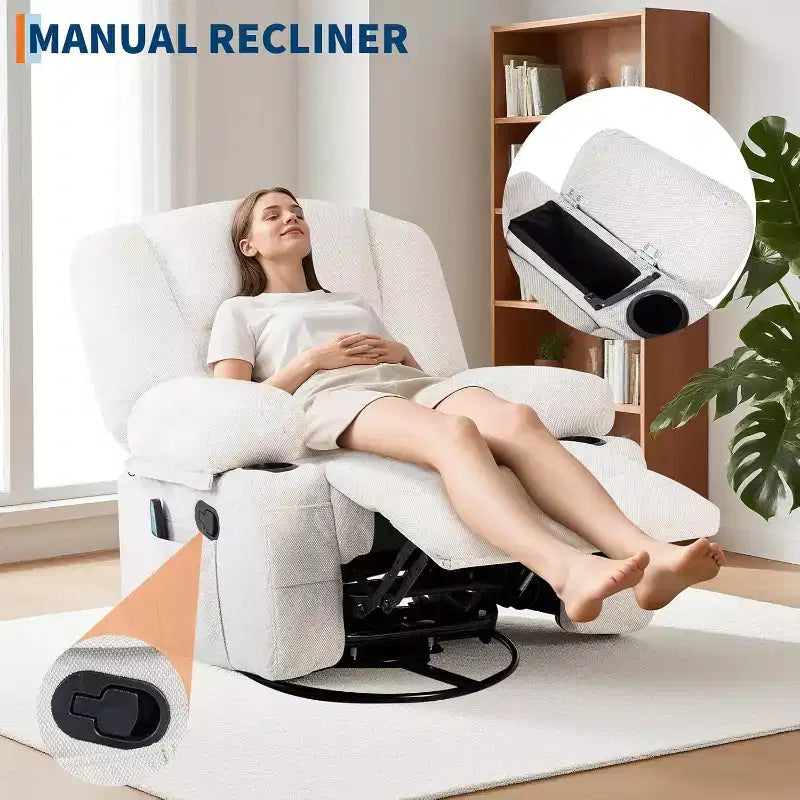 Poltrona reclinabile a dondolo girevole a 360°, con funzione calore e massaggio, girevole multi-funzione con tasche laterali e portabicchieri, per soggiorno, camera da letto, casa