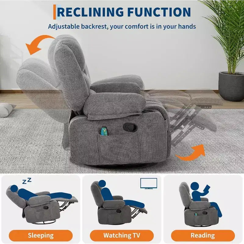 Poltrona reclinabile a dondolo girevole a 360°, con funzione calore e massaggio, girevole multi-funzione con tasche laterali e portabicchieri, per soggiorno, camera da letto, casa