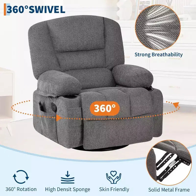 Poltrona reclinabile a dondolo girevole a 360°, con funzione calore e massaggio, girevole multi-funzione con tasche laterali e portabicchieri, per soggiorno, camera da letto, casa
