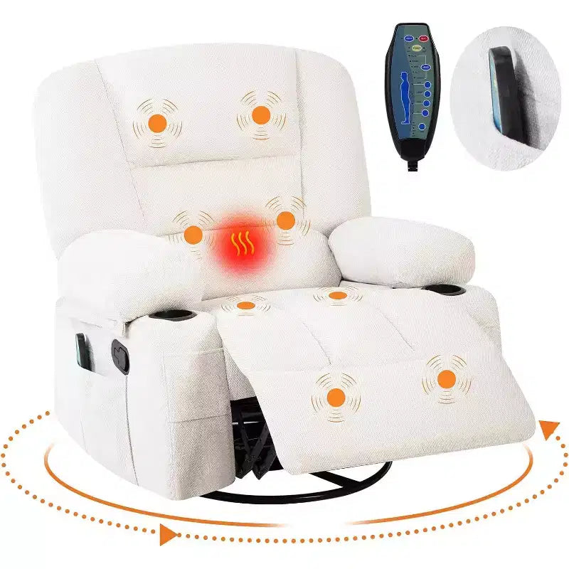 Poltrona reclinabile a dondolo girevole a 360°, con funzione calore e massaggio, girevole multi-funzione con tasche laterali e portabicchieri, per soggiorno, camera da letto, casa