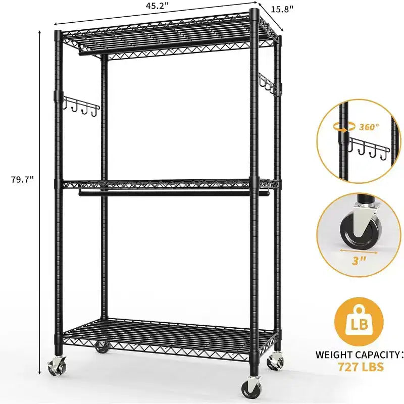 Appendiabiti rotante resistente con tubi da 22 mm, stendino metallico da 694 libbre, appendiabiti con ripiani regolabili, asta appendiabiti e ganci laterali