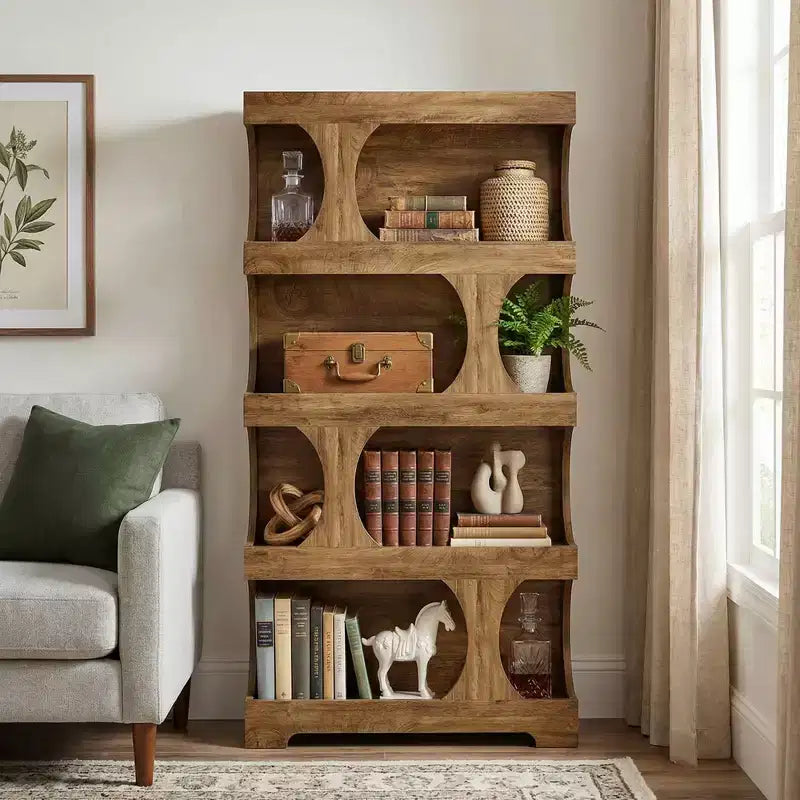 MAYEERTY 4-Tier S-Shaped Bookcase, Black & Brown Two-Tone Tall Wooden Shelf