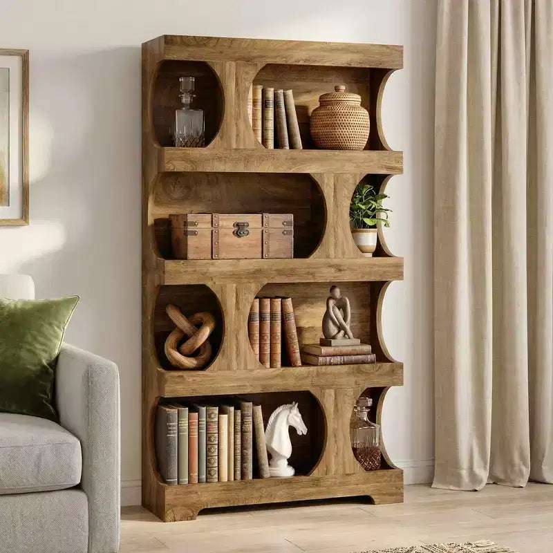 MAYEERTY Libreria a 4 Ripiani a S, Scaffale Alto in Legno bicolore Nero e Marrone