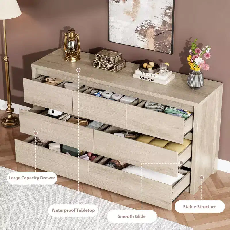 Cassettiera a 7 cassetti per camera da letto, Comò moderno e spazioso, Grande cassettiera in legno per soggiorno, corridoio, ingresso