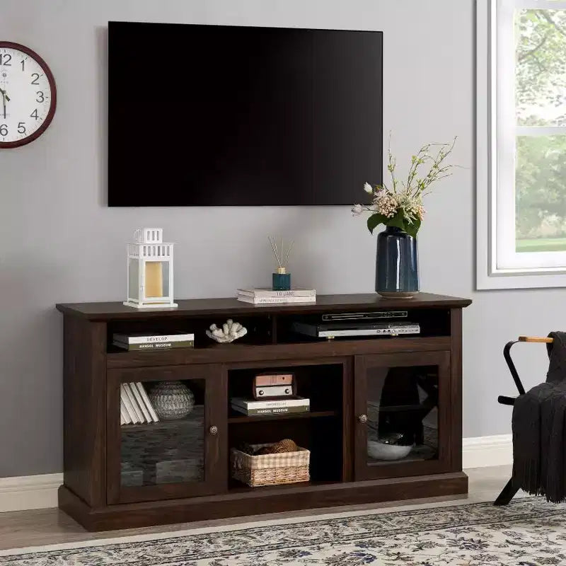 Modern TV Media Console, MDF Material, Fits 65-inch TVs, Open & Closed Storage, Brown, 6015.7529INCH, for Living Room (VC Account, 1 Pack)