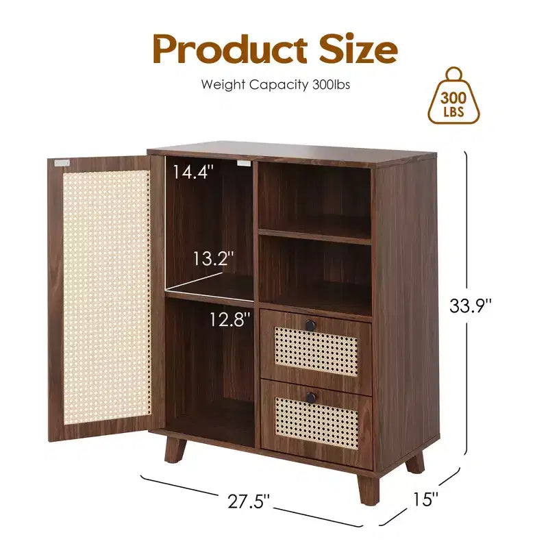 JVNOXK Armadietto a 2 Ante in Rattan da 38 cm con Ripiani Regolabili e Guide per Cassetti, Adatto per Soggiorni, Noce