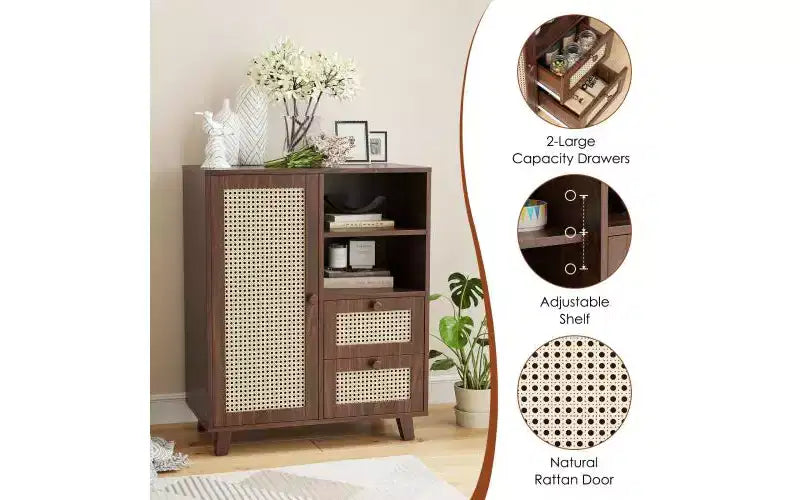 JVNOXK Armadietto a 2 Ante in Rattan da 38 cm con Ripiani Regolabili e Guide per Cassetti, Adatto per Soggiorni, Noce