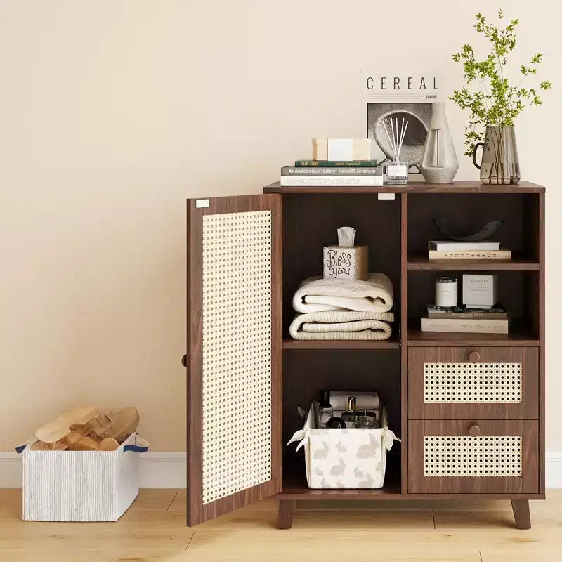 JVNOXK Armadietto a 2 Ante in Rattan da 38 cm con Ripiani Regolabili e Guide per Cassetti, Adatto per Soggiorni, Noce