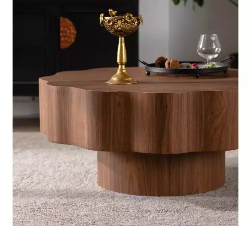 Tavolino da caffè 80 cm, Bordo smerlato, Centro Tavolo con adesivo effetto legno ingegnerizzato Noce, Tavolino da caffè moderno irregolare rotondo per soggiorno/camera da letto