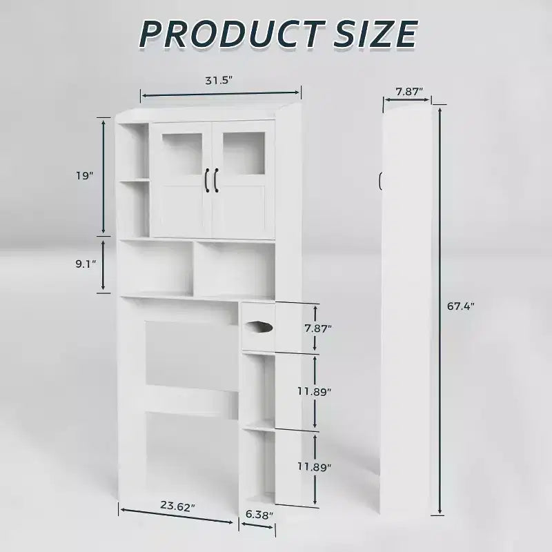 Mobiletto da bagno sopra il WC, armadietto da bagno regolabile sopra il WC con ante in vetro, con porta carta igienica, per bagno, toilette, bianco