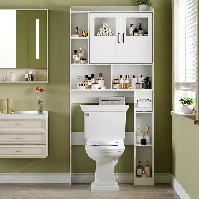 Mobiletto da bagno sopra il WC, armadietto da bagno regolabile sopra il WC con ante in vetro, con porta carta igienica, per bagno, toilette, bianco