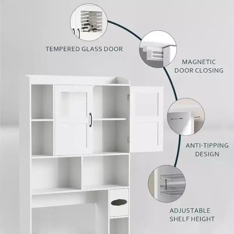Mobiletto da bagno sopra il WC, armadietto da bagno regolabile sopra il WC con ante in vetro, con porta carta igienica, per bagno, toilette, bianco