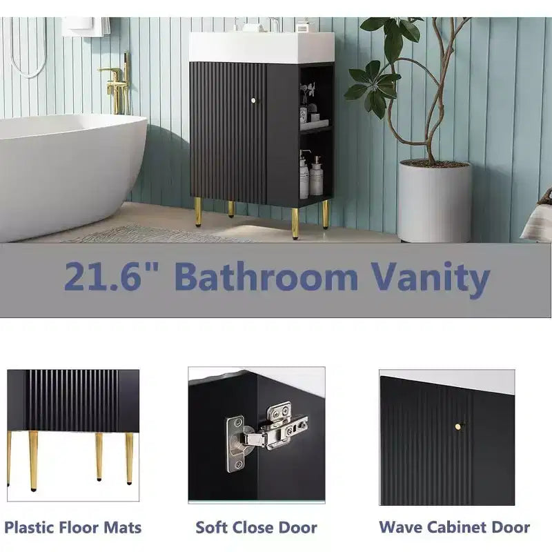 Mobiletto da bagno da 21.6 pollici, mobiletto contenitore da bagno con lavandino, facile da montare, con vani aperti, mobiletto con lavabo indipendente per piccoli spazi