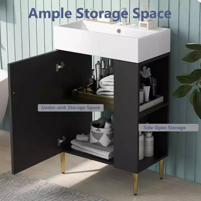 Mobiletto da bagno da 21.6 pollici, mobiletto contenitore da bagno con lavandino, facile da montare, con vani aperti, mobiletto con lavabo indipendente per piccoli spazi
