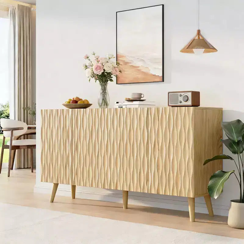 Erommy Credenza a 4 ante con ripiani regolabili, Mobile buffet da 58W con design a onde scultoree per sala da pranzo, soggiorno e coffee bar