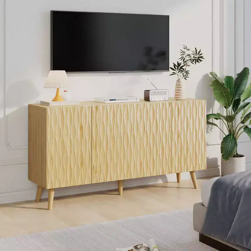 Erommy Credenza a 4 ante con ripiani regolabili, Mobile buffet da 58W con design a onde scultoree per sala da pranzo, soggiorno e coffee bar