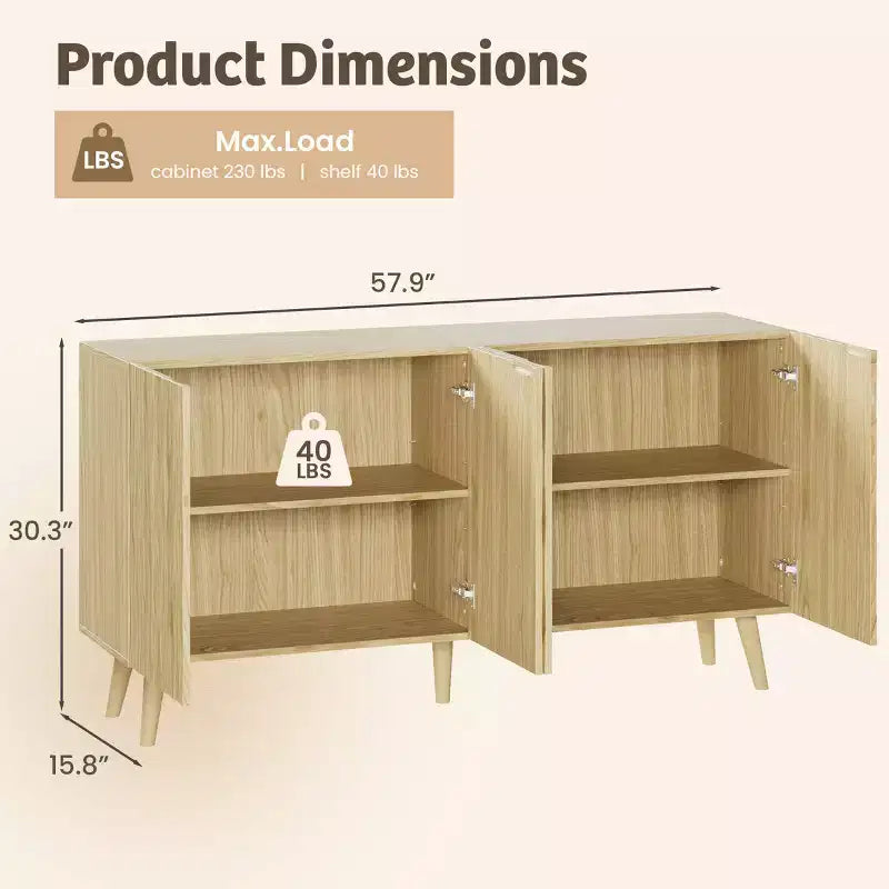 Erommy Credenza a 4 ante con ripiani regolabili, Mobile buffet da 58W con design a onde scultoree per sala da pranzo, soggiorno e coffee bar