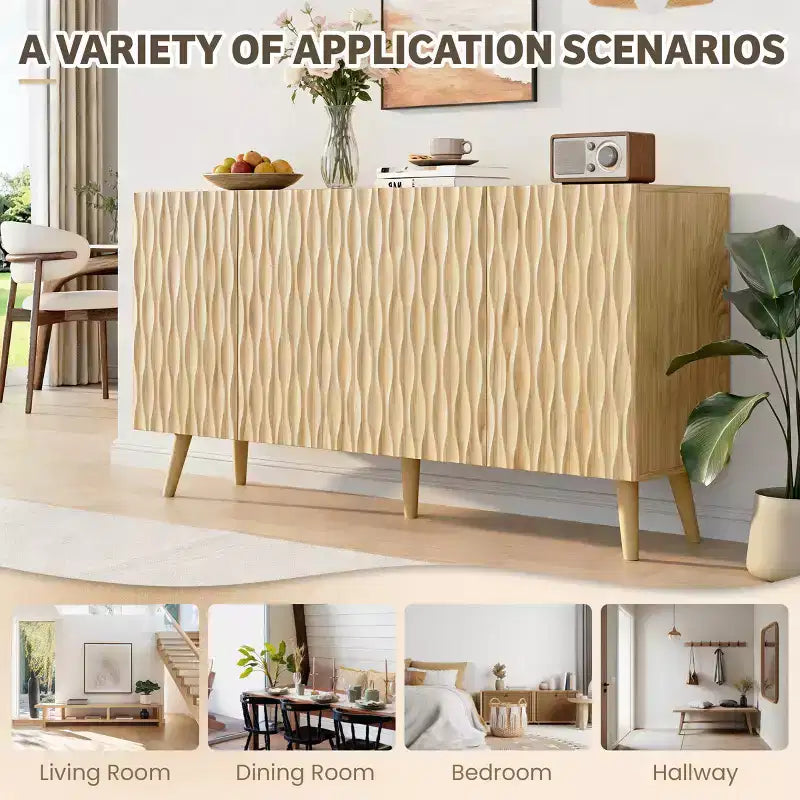 Erommy Credenza a 4 ante con ripiani regolabili, Mobile buffet da 58W con design a onde scultoree per sala da pranzo, soggiorno e coffee bar