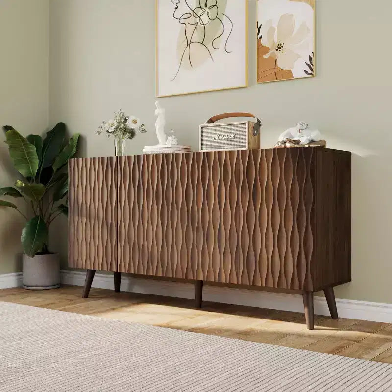 Erommy Credenza a 4 ante con ripiani regolabili, Mobile buffet da 58W con design a onde scultoree per sala da pranzo, soggiorno e coffee bar