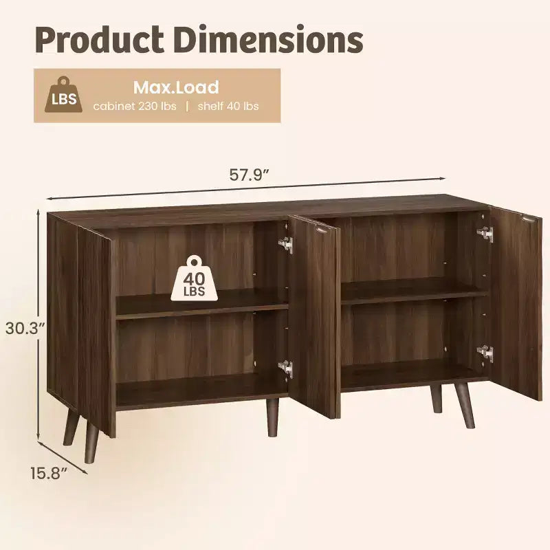 Erommy Credenza a 4 ante con ripiani regolabili, Mobile buffet da 58W con design a onde scultoree per sala da pranzo, soggiorno e coffee bar