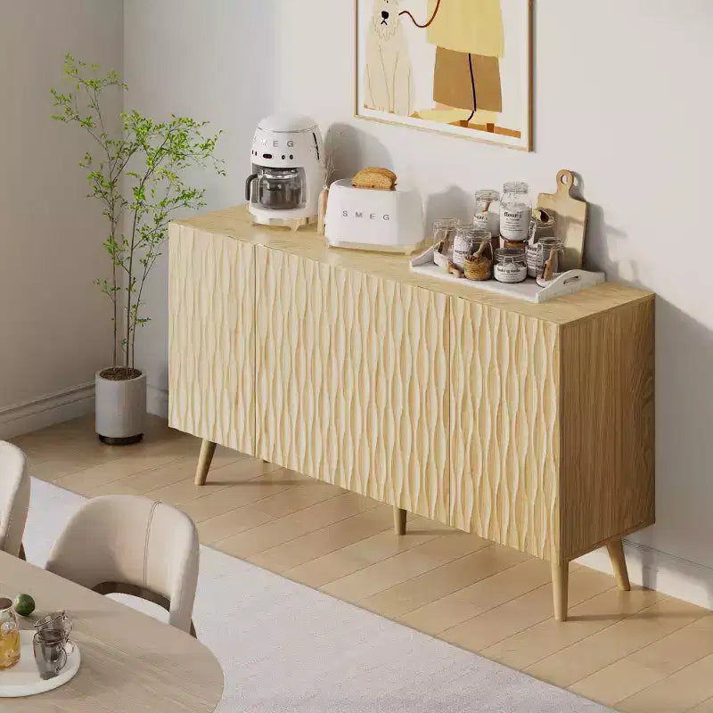 Erommy Credenza a 4 ante con ripiani regolabili, Mobile buffet da 58W con design a onde scultoree per sala da pranzo, soggiorno e coffee bar