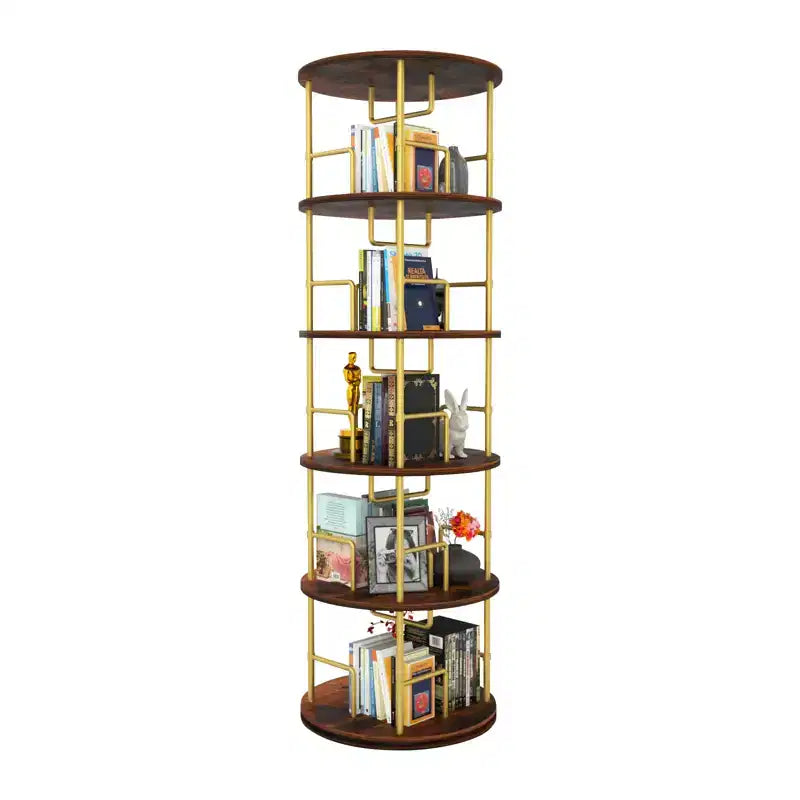 Libreria girevole a 5 ripiani, torre per libri impilabile girevole a 360° in metallo e legno, scaffale da terra salvaspazio per camera da letto, soggiorno, ufficio, oro