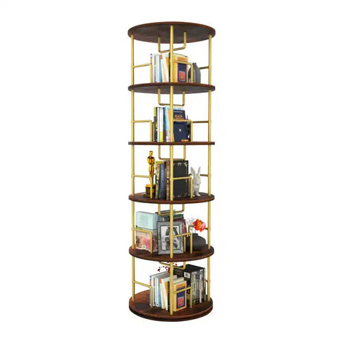 Libreria girevole a 5 ripiani, torre per libri impilabile girevole a 360° in metallo e legno, scaffale da terra salvaspazio per camera da letto, soggiorno, ufficio, oro